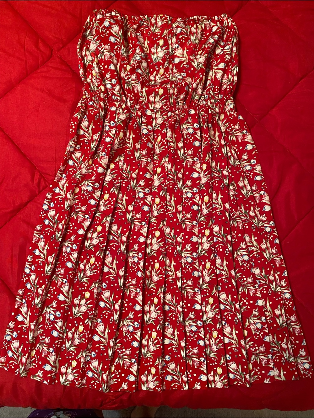 Red Floral Strapless Summer Dress - Picture 1 of 6